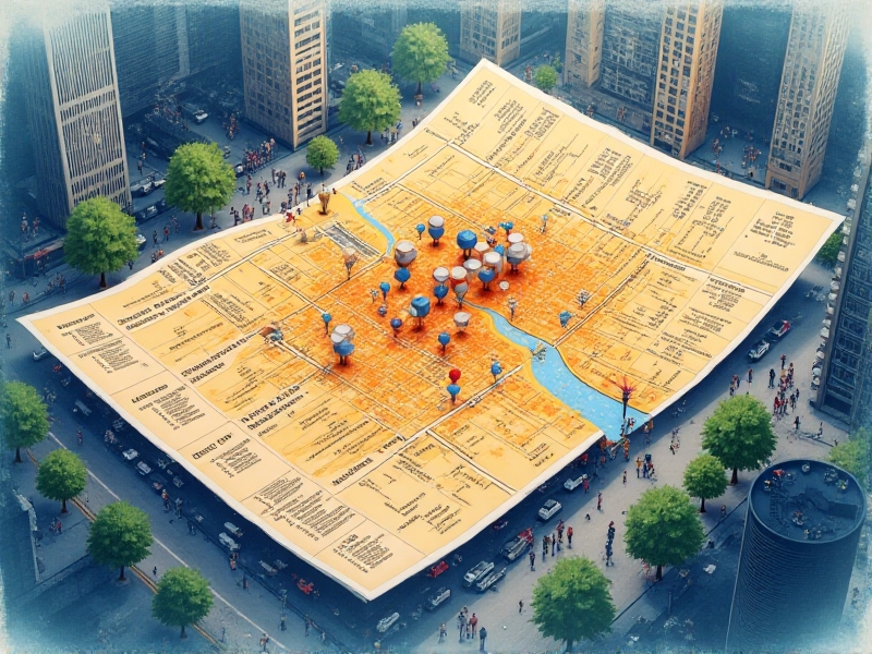 A map with pins marking the locations of various cryotherapy clinics and wellness centers in a bustling urban area. The image illustrates the process of analyzing local competition, with detailed annotations highlighting key insights such as service offerings and customer demographics.