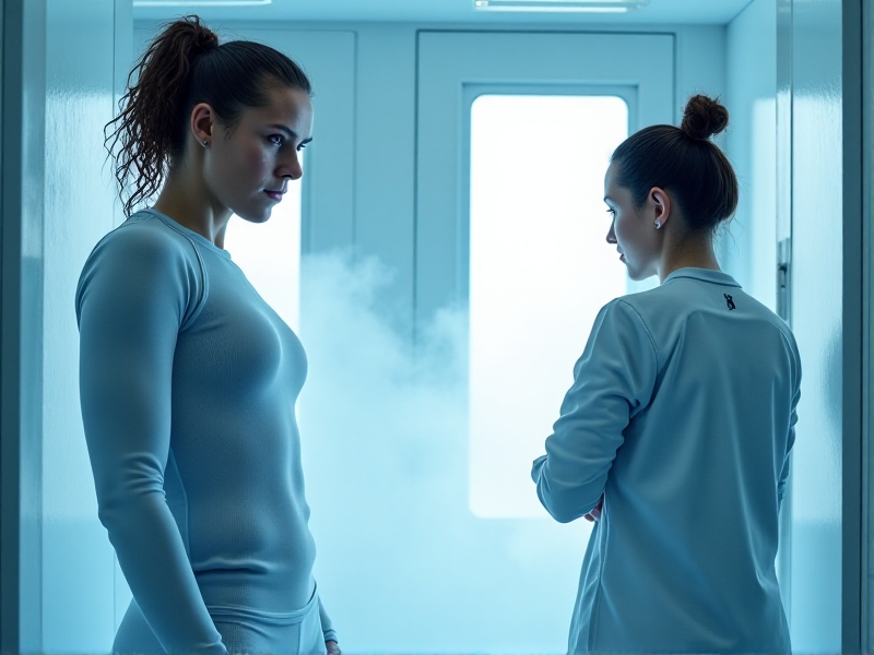 A side-by-side comparison of whole-body and localized cryotherapy. On the left, an athlete stands in a cryo chamber, enveloped in cold mist. On the right, a therapist applies a localized cryo device to an athlete's knee, with a focused beam of cold air visible. The setting is a high-tech sports recovery center with clean, white walls and advanced equipment.