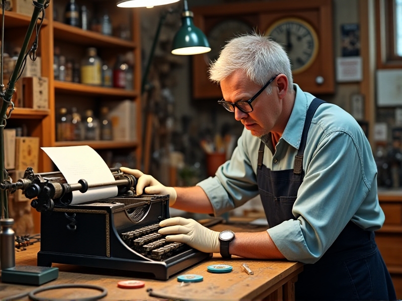 A technician replacing the ribbon on an antique typewriter, with the old ribbon spool and new ribbon spool side by side. The image is set in a well-lit workshop with a wooden bench and various typewriter parts scattered around, evoking a sense of meticulous care and restoration.