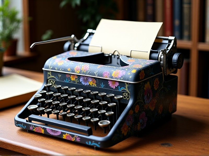 A uniquely customized typewriter with a vibrant, hand-painted floral design on its body. The keys are pristine, and a handwritten note sits beside it, showcasing the owner's personal touch. The image captures the intersection of functionality and artistry, appealing to both typewriter lovers and creative minds.